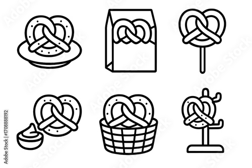 Bakery silhouette icon set. featuring pretzel on plate, in bag, on stick, with dip, in basket, on stand