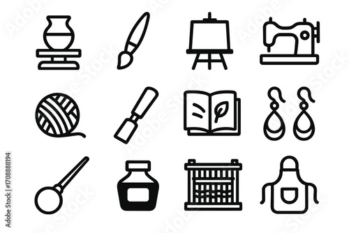 Crafts and arts linear icon set. featuring pottery, brush, easel, sewing, yarn, chisel, book, earrings, ink, loom, and apron symbols