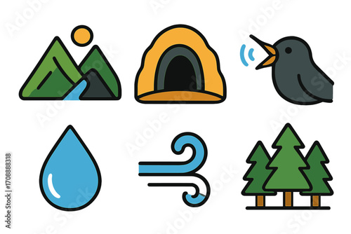 Nature linear icon set. featuring mountain, cave, bird, water drop, wind, and forest symbols