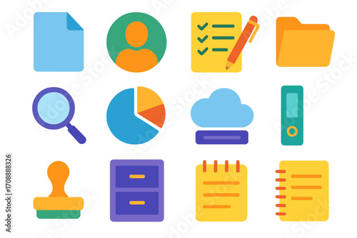 Business silhouette icon set. featuring document, profile, checklist, pencil, folder, magnifier, pie chart, and cloud symbols