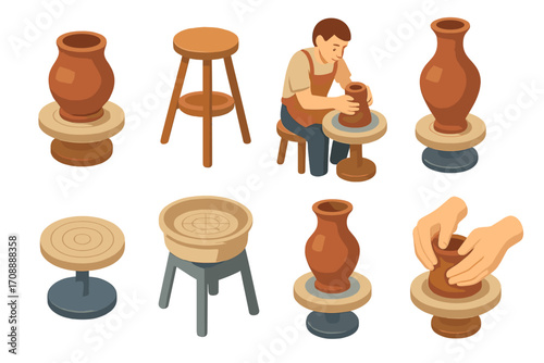 Pottery flat icon set. featuring potter, stool, clay pot, wheel, hands, crafting, ceramic, and spinning