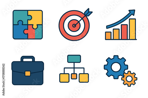 Business strategy flat icon set. featuring puzzle, target, growth chart, briefcase, org chart, and gears symbols
