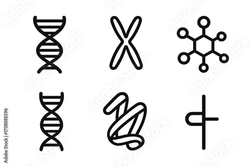 Science elements silhouette icon set. featuring dna, chromosome, molecule, double helix, atom, and cross symbols