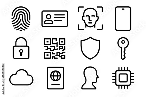 Security and identification linear icons set. featuring fingerprint, id card, face scan, smartphone, and cloud symbols.