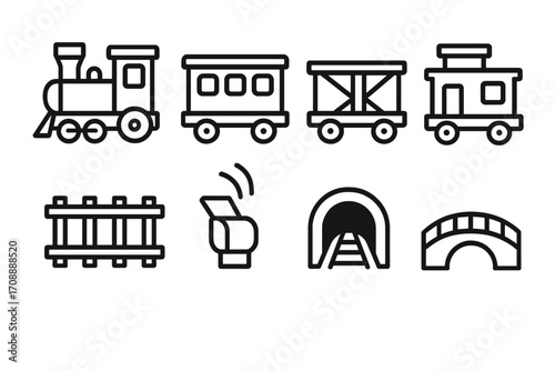 Railway transportation linear icon set. featuring train, carriage, freight, caboose, tracks, whistle, tunnel, bridge