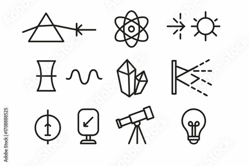 Physics linear icons set. featuring prism, atom, particle, sun, wave, crystal, light, telescope, bulb