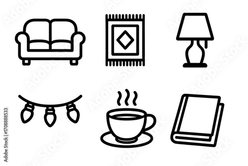 Home decor linear icon set. featuring sofa, rug, lamp, lights, tea, and book symbols