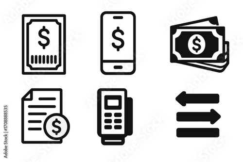 Finance silhouette icon set. featuring receipt, mobile payment, cash, invoice, card reader, transfer symbols