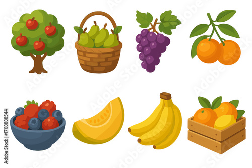 Fruit harvest flat icon set. featuring apple tree, pear basket, grapes, oranges, berries, melon, bananas, citrus crate.
