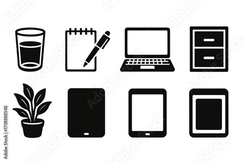 Office supplies silhouette icon set. featuring glass, notebook, laptop, file cabinet, plant, tablet, and picture frame