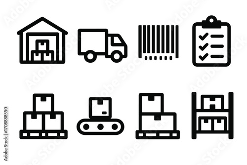 Warehouse management silhouette icon set. featuring storage, truck, barcode, checklist, conveyor, pallet, and inventory symbols