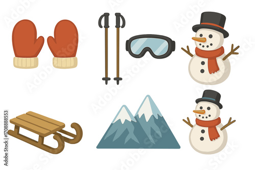 Winter activities silhouette icon set. featuring mittens, skis, snow goggles, snowman, sled, mountain symbols