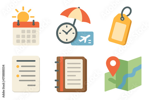 Travel planning flat icon set. featuring calendar, airplane, luggage tag, itinerary, notebook, and map symbols