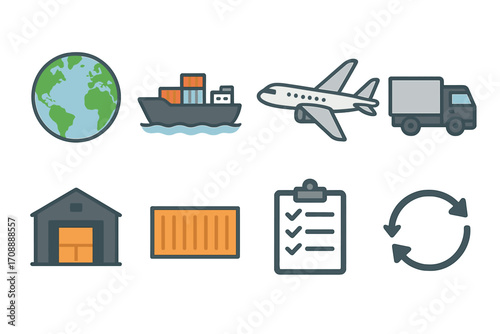 Logistics and shipping flat icon set. featuring globe, ship, airplane, truck, warehouse, container, checklist, and recycling symbols