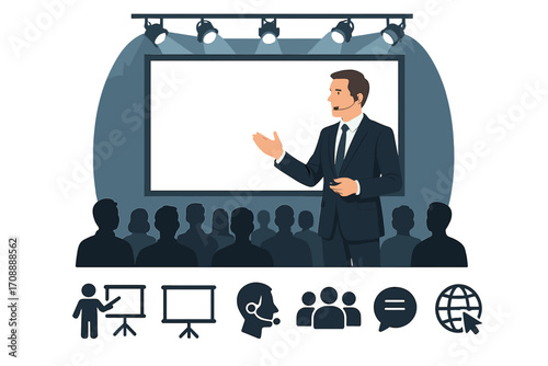 Business presentation silhouette icon set. featuring presenter, audience, screen, speech, and communication symbols