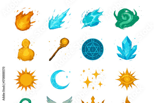 Magic elements silhouette icon set. featuring fire, ice, lightning, wind, alchemy, crystal, sun, moon, star, eye