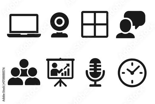 Video conference silhouette icon set. featuring laptop, webcam, grid, chat, team, presentation, microphone, and clock symbols
