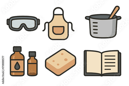 Cooking equipment flat icon set. featuring goggles, apron, pot, oil bottles, sponge, and cookbook