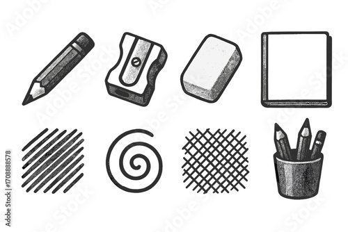 Art supplies silhouette icon set. featuring pencil, sharpener, eraser, sketchbook, texture, spiral, and color pencils.