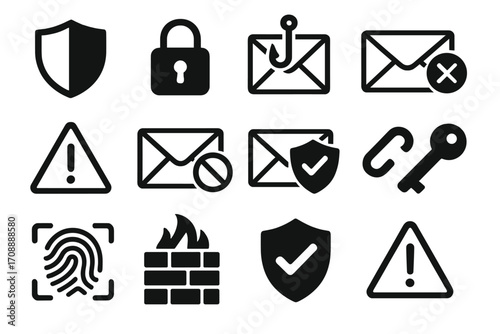 Cybersecurity silhouette icon set. featuring shield, lock, phishing, warning, email, firewall, fingerprint, and key symbols