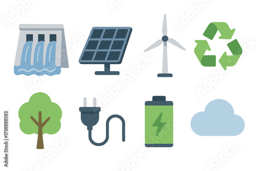 Renewable energy silhouette icon set. featuring hydro, solar, wind, recycling, tree, plug, battery, and cloud symbols