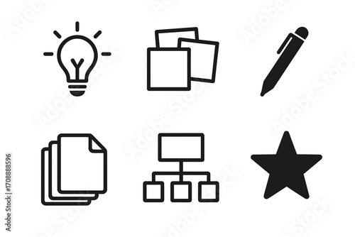 Office tools silhouette icon set. featuring light bulb, sticky notes, pen, documents, flowchart, star