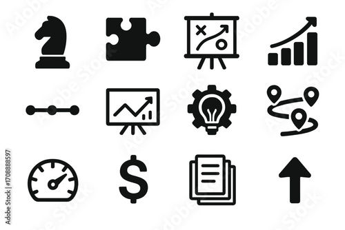 Business strategy silhouette icon set. featuring chess knight, puzzle, strategy board, graph, and roadmap symbols