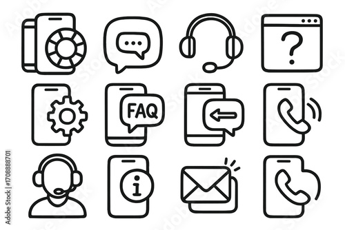 Communication linear icon set. featuring chat, phone, headset, faq, message, call, email, info symbols