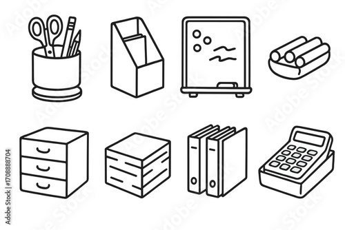 Office supplies linear icon set. featuring scissors, files, whiteboard, binder, and calculator symbols