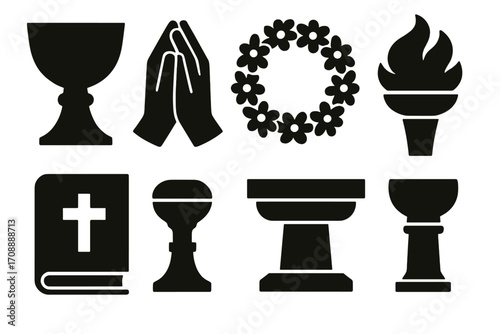 Religious silhouette icon set. featuring chalice, prayer hands, wreath, torch, bible, and altar symbols