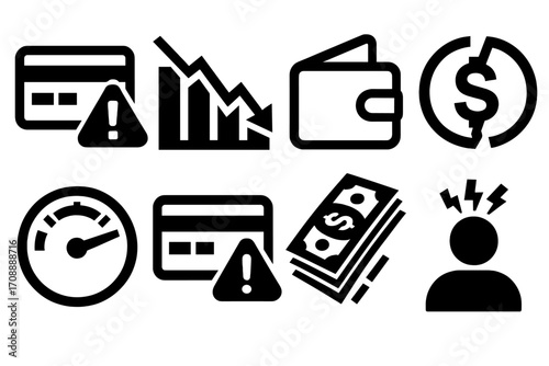 Finance crisis silhouette icon set. featuring credit card, recession, wallet, currency, budget, and stressed person symbols