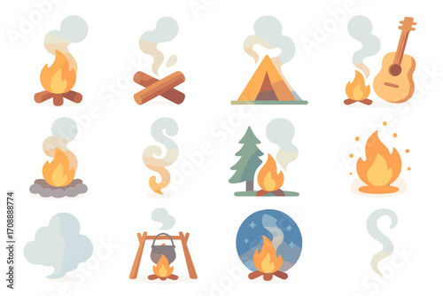 Camping essentials flat icon set. including campfire, tent, guitar, pine tree, and cooking pot.