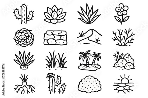 Desert plants silhouette icon set. featuring cactus, lotus, aloe, flower, oasis, sand dune, and sunset symbols