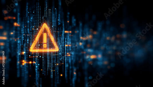 a digital orange triangle with an exclamation mark inside, set against the backdrop of blue computer code and data streams Generative AI