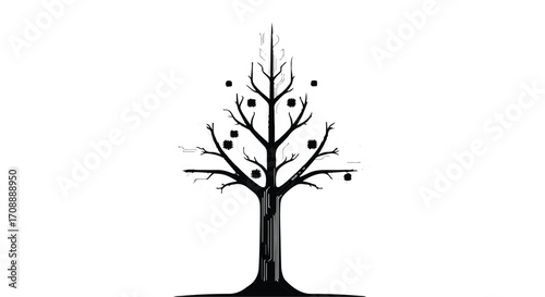 Stylized bare tree with sparse fruit, symbolizing growth and nature's resilience