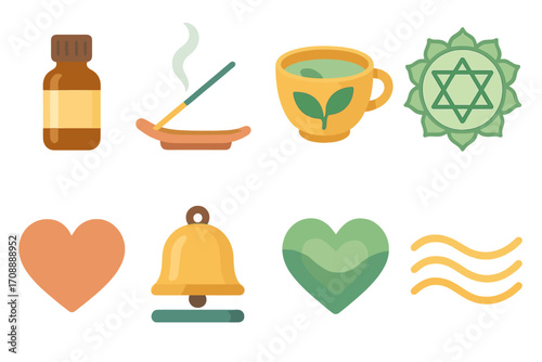 Wellness and relaxation flat icon set. featuring aromatherapy, herbal tea, heart, bell, chakra, meditation symbols