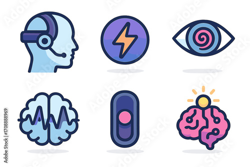 Mental health linear icon set. featuring headset, thunder, eye, brainwave, switch, and creativity symbols