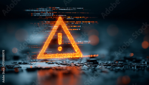 a digital orange triangle with an exclamation mark inside, floating over the screen of computer code and data, symbolizing the danger associated with cyber attacks from multiple angles Generative AI