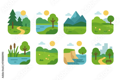 Nature landscape flat icon set. featuring forest, river, mountain, meadow, lake, cliff, path, park
