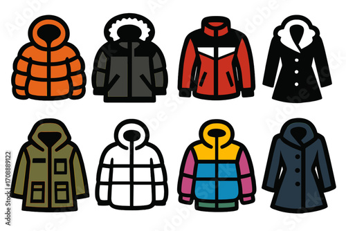 Winter jacket silhouette icon set. featuring puffer, parka, raincoat, trench coat, and anorak styles