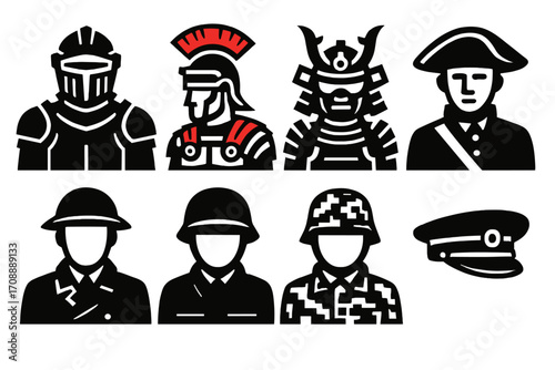 Military helmets silhouette icon set. featuring knight, centurion, samurai, colonial, and more symbols.