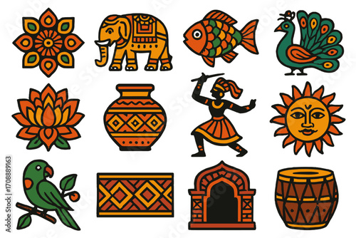 Indian culture flat icon set. featuring mandala, elephant, fish, peacock, lotus, pot, dancer, sun, parrot, pattern, temple, drum