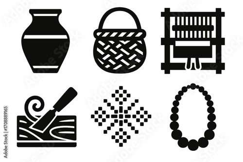 Craftsmanship silhouette icon set. featuring pottery, basket, loom, carving, embroidery, and necklace symbols