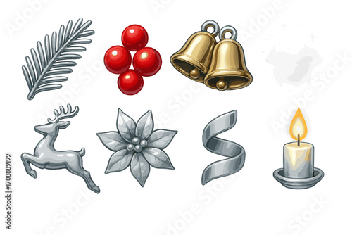 Christmas silhouette icon set. featuring bell, candle, ribbon, star, reindeer, holly, poinsettia symbols