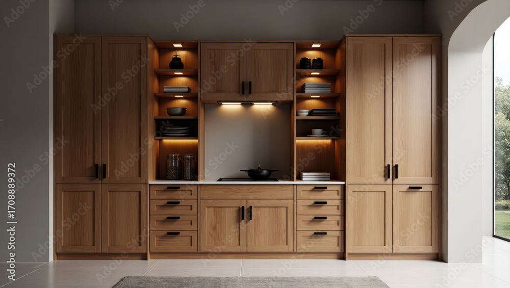 Fototapeta premium Modern kitchen cabinetry showcasing warm wood tones and sleek black hardware.