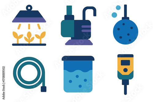 Gardening silhouette icon set. featuring grow light, water pump, drip irrigation, mist spray, feeder, and hydroponic tank