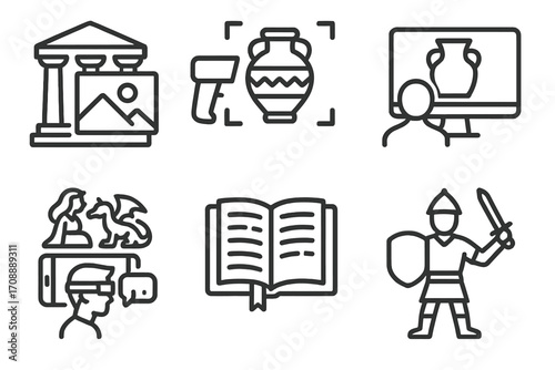 History and archaeology linear icon set. featuring museum, artifact, virtual reality, book, and warrior symbols