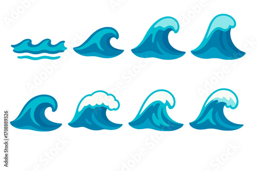 Ocean waves flat icons set. featuring ripple, crest, breaking, swell, surf, whitecap, splash, tide symbols
