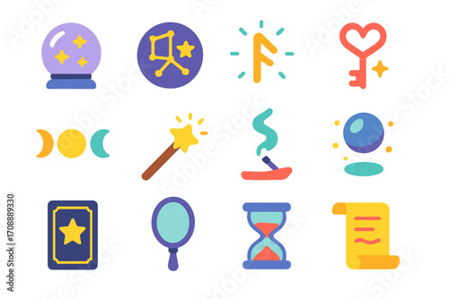 Mystical elements flat icon set. featuring crystal ball, constellation, rune, key, moon, wand, incense, magic, tarot, mirror, hourglass, scroll