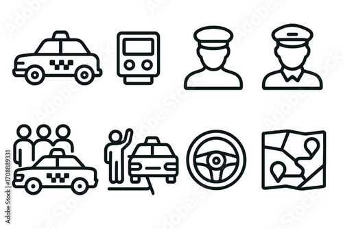 Transportation linear icon set. featuring taxi, meter, driver, passengers, steering wheel, map